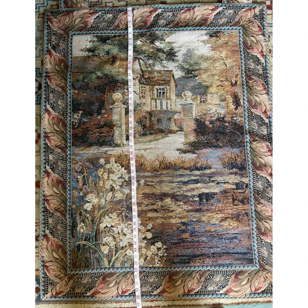 Woven Vintage Tapestry Wall Hanging English Country Manor Landscape Earth Tones